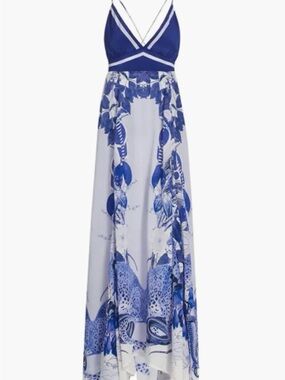 Blue Floral V-Neck Maxi Dress with Spaghetti Straps